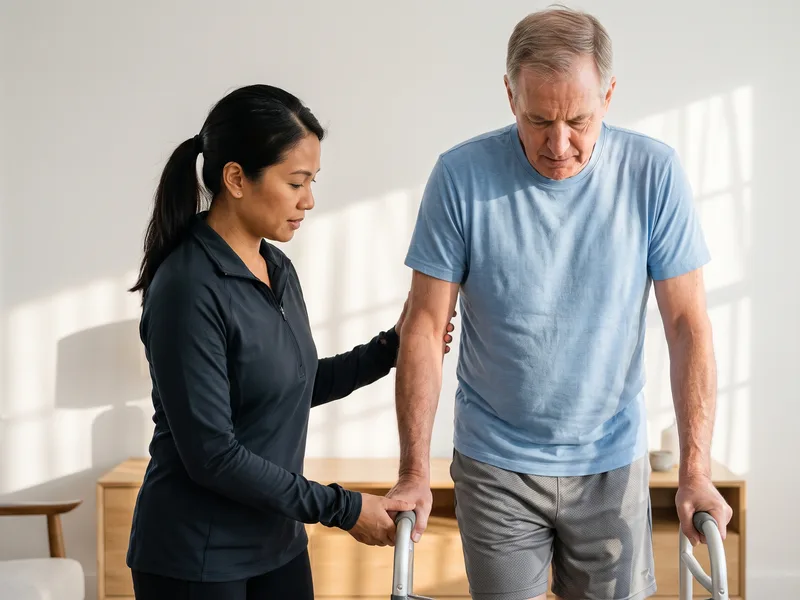 Therapist assisting an older adult patient using a walker during gait training