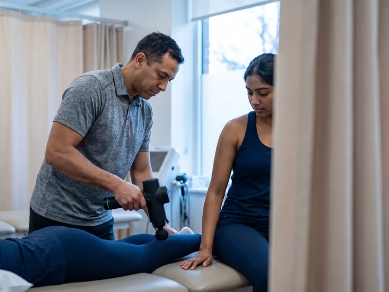 Clinician using a percussive therapy device on a patient&rsquo;s calf and Achilles tendon